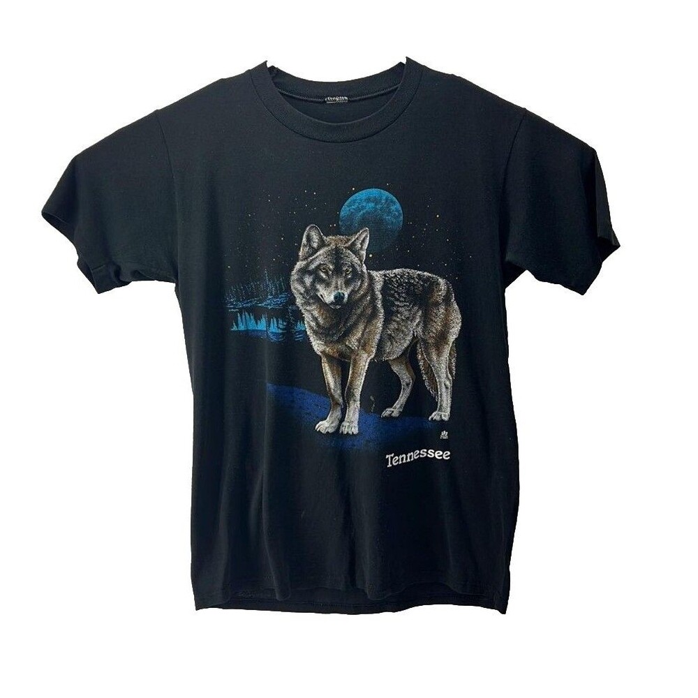 1987 LSJ Sportswear Tennessee Wolf Moon Graphic T-SHIRT Black Single Stitch USA
